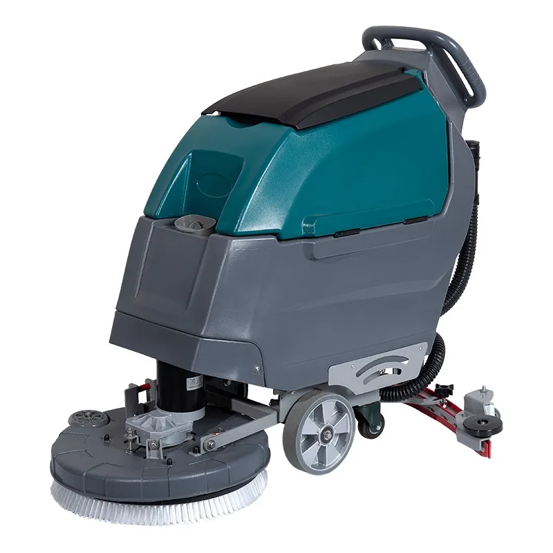 Hotel and factory floor scrubbers automatically walk behind to save time and manpower during cleaning