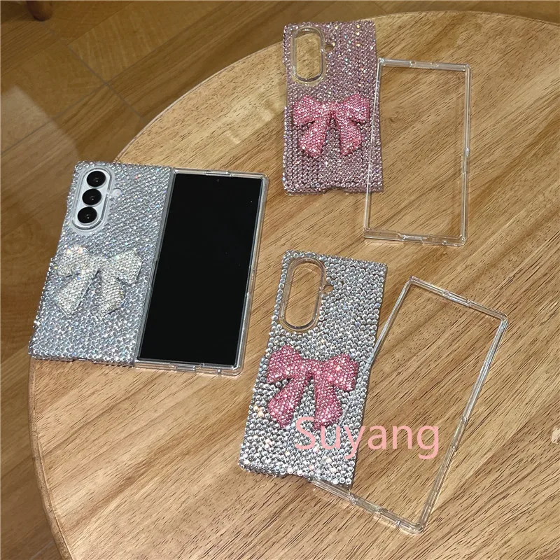 Luxury Clear Glitter Rhinestone Phone Case For Samsung Galaxy Z Fold 7 6 5 4 3 3D Bow Shockproof Clear Cover Wrist Chain Lanyard