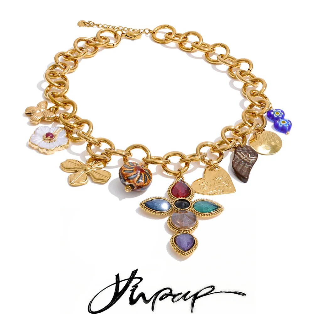 

Yhpup Stainless Steel Chain Zircon Cross Flower Heart Pendant Charm Statement Necklace Statement Jewelry 18K Golden PVD Plated