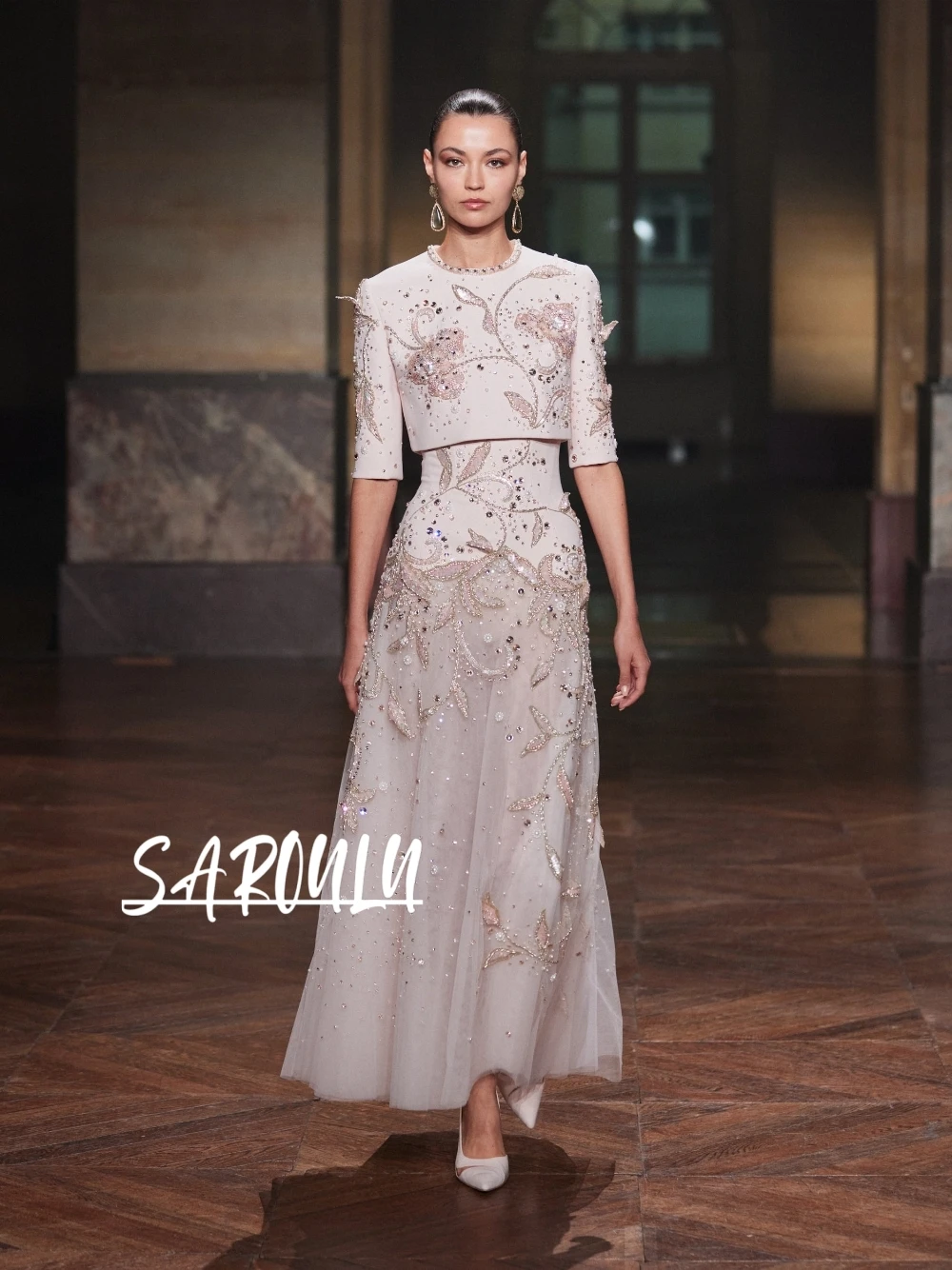 

Beaded Floral Embellished Two Piece Blush Pink Half Sleeve Tulle Evening Dress Luxury Formal Dubai Prom Party Gown Customized