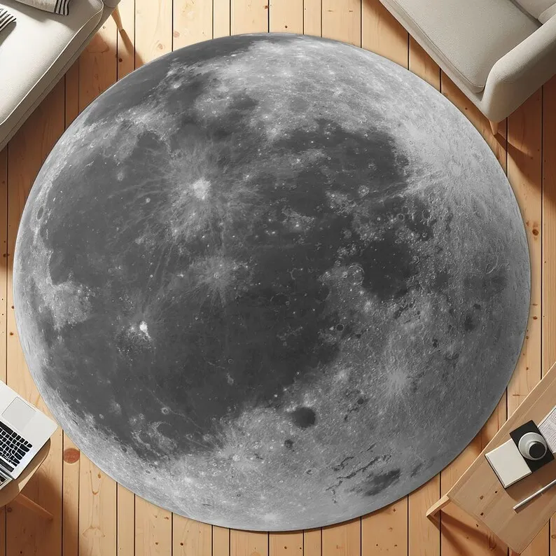 Moon Photo Round Rug, Non-Slip Washable Space Themed Carpet for Living Room, Nursery Kids Room Decor, Realistic NASA Style Mat