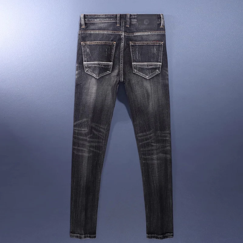 y2kdesigner fashionable men's jeans, washed with water, nostalgic stretch, slim fit, black gray jeans, high street hip-hop