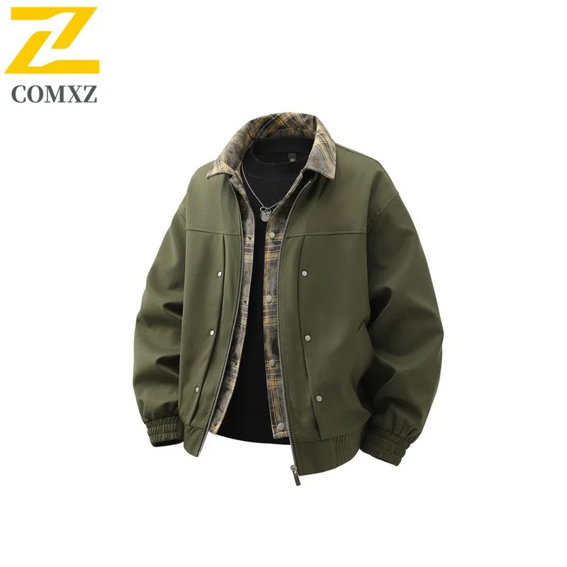 

COMXZ 2025 Mens Jacket Fake Two Piece Casual Windproof Travel Camping Handsome Coat American Style Baggy High Quality Outerwear