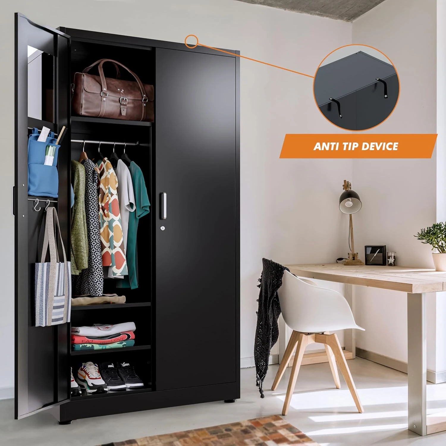 Cabinet Wardrobe - Metal Storage Locker with Locking Doors, Adjustable Shelf Height & Position, Removable Hanging Rods