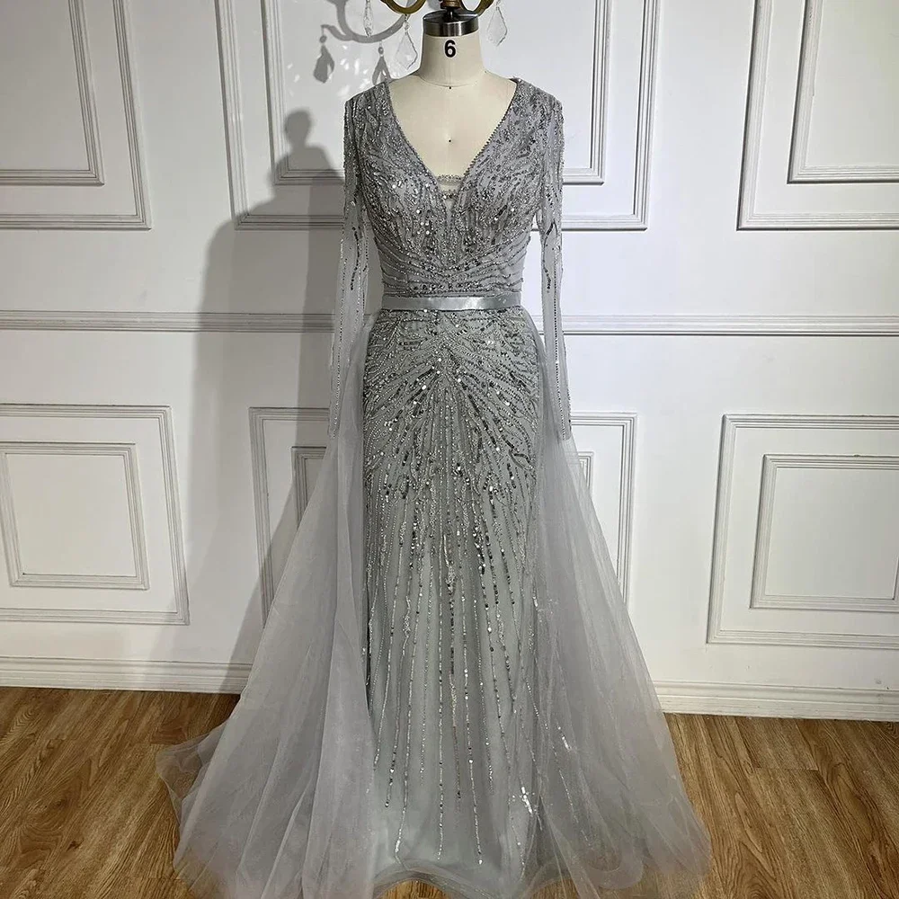 SERENE HILL Customized 2025 Dubai Gray Long Sleeves Mermaid Beaded Luxury Evening Dresses Arabic Gowns Wedding Party CLA72239A