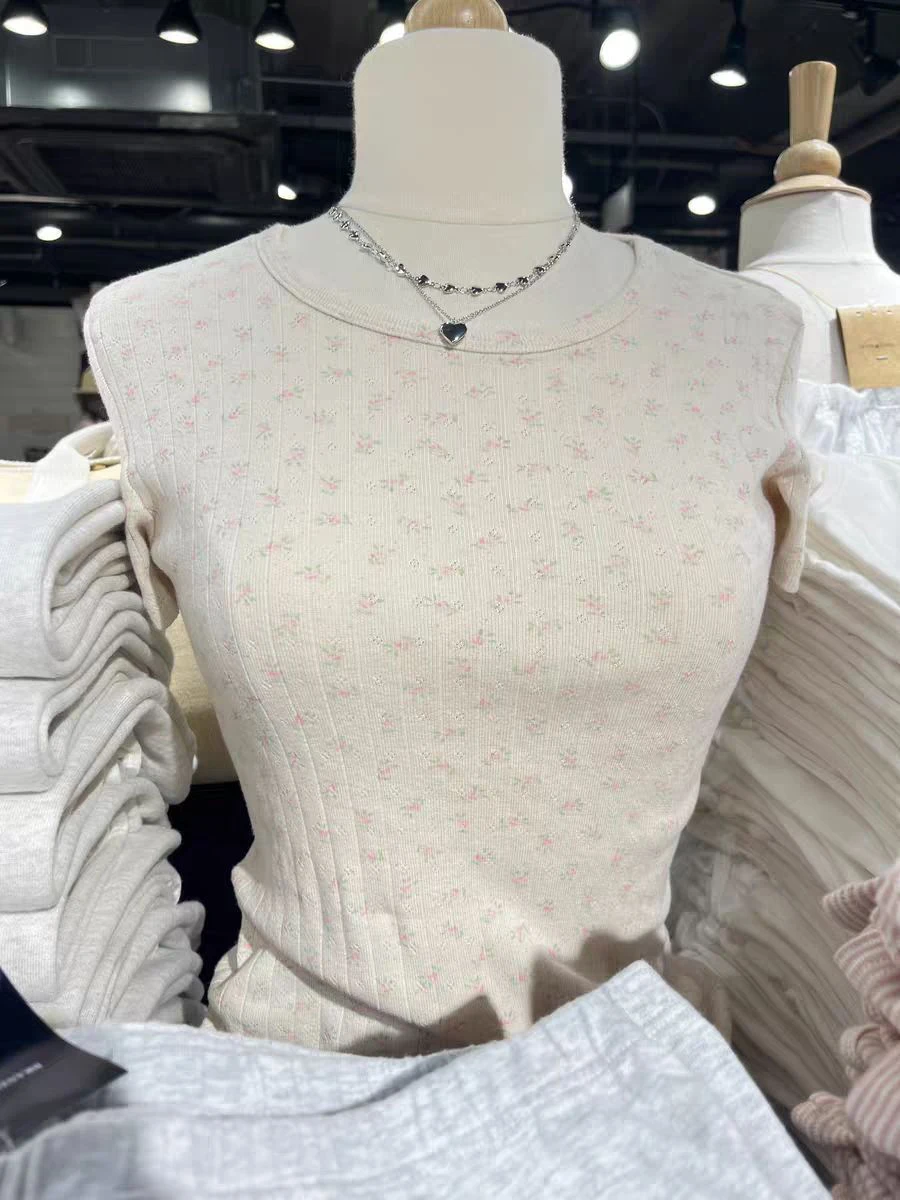 

Pink Floral Eyelet T-shirt Summer O-neck Short Sleeve Cotton Slim Tee Top for Woman Casual Sweet Cute Preppy Style Tshirts New