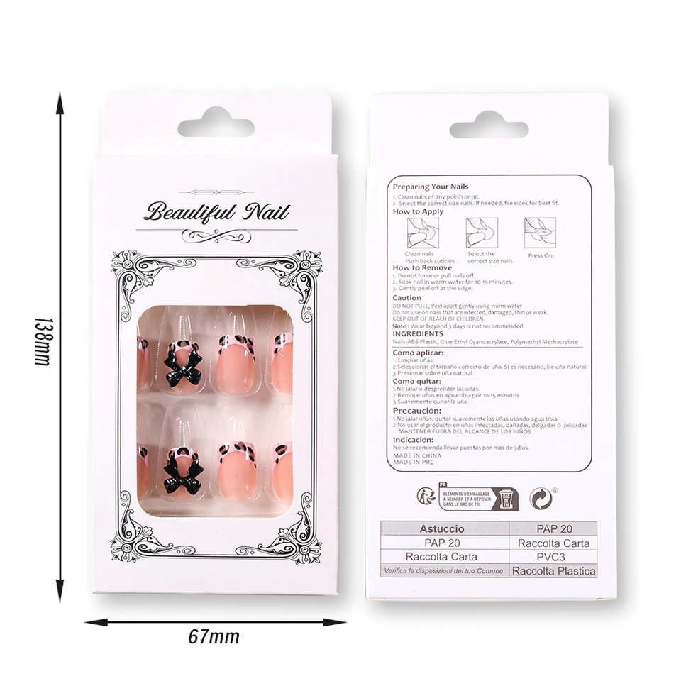 24pcs uñas postizas francesas rosas con estampado de leopardo, cortas cuadradas, moño negro 3D, acrílicas de cobertura total 6