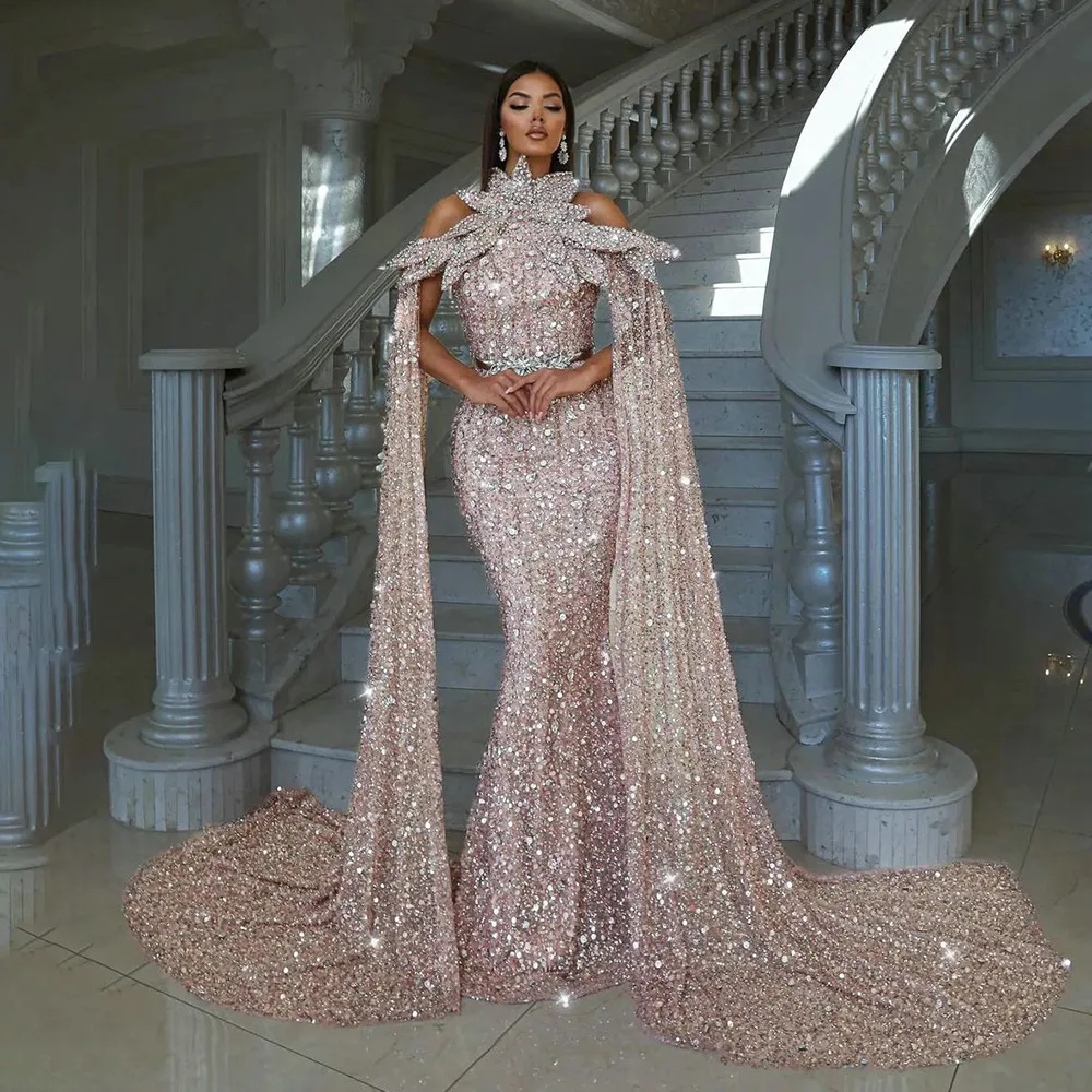 Dubai Luxury Evening Dresses 2023 Fashion Crystals Sparkling Sequins Mermaid Prom Red Carpet Party Gowns with Cape Sleeves Robes