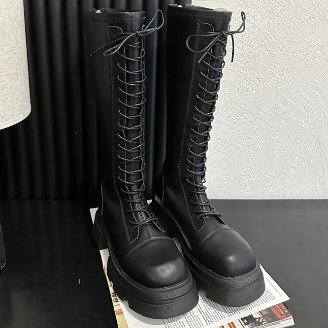 2024 New Korean Edition Thick Heel Thick Sole Lace Up High Barrel Long Boots Women's Shoes Small and Versatile Knight Boots