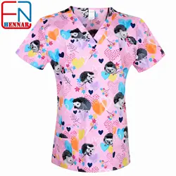 Uniforme de algodón 100% con estampado Hennar para mujer, Top médico con estampado de animales, 4 bolsillos, XXS-5XL