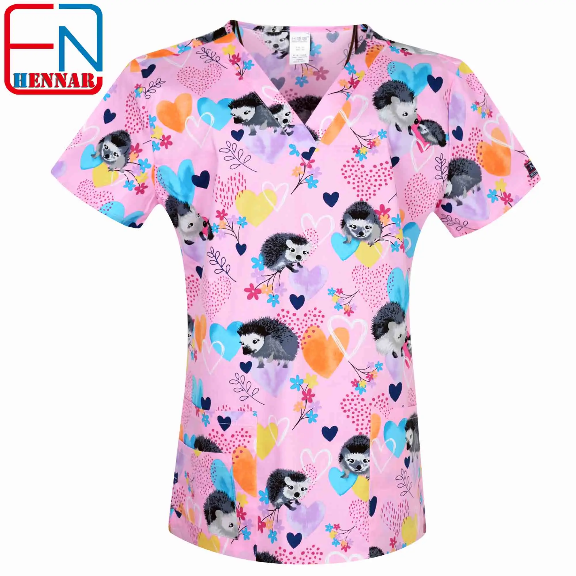 Hennar Print animal Prints  Scrub Uniform For Women In 100% Cotton 4 pockets,XXS-5XL  Medical Scrub Tops