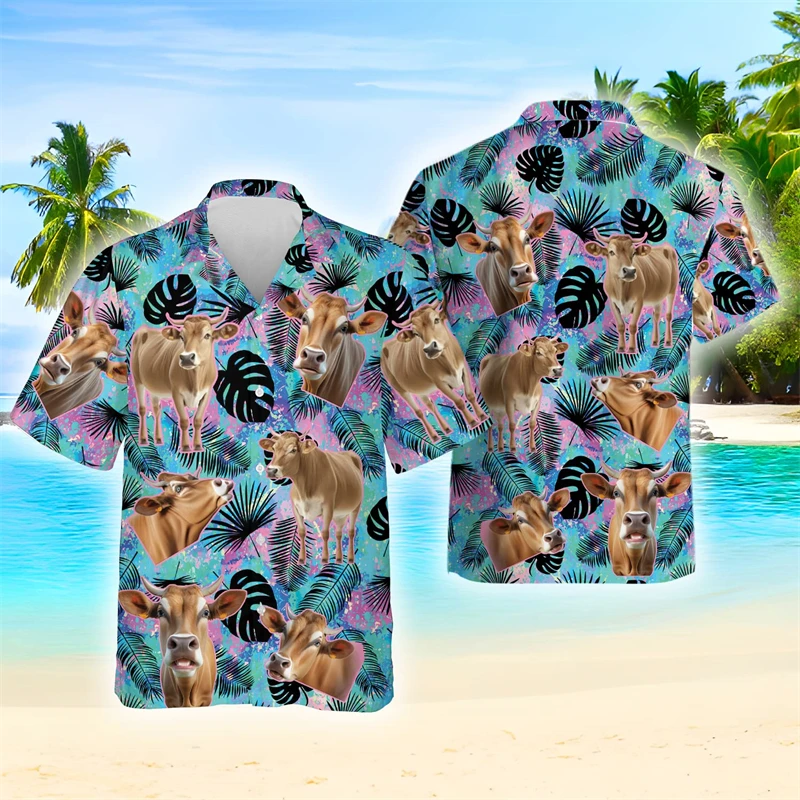 Brownswiss Cow 3D Print Shirts For Men Clothes Hawaiian Animal Cattle Graphic Beach Shirt Funny Swiss Cow Head Blouses Boy Tops