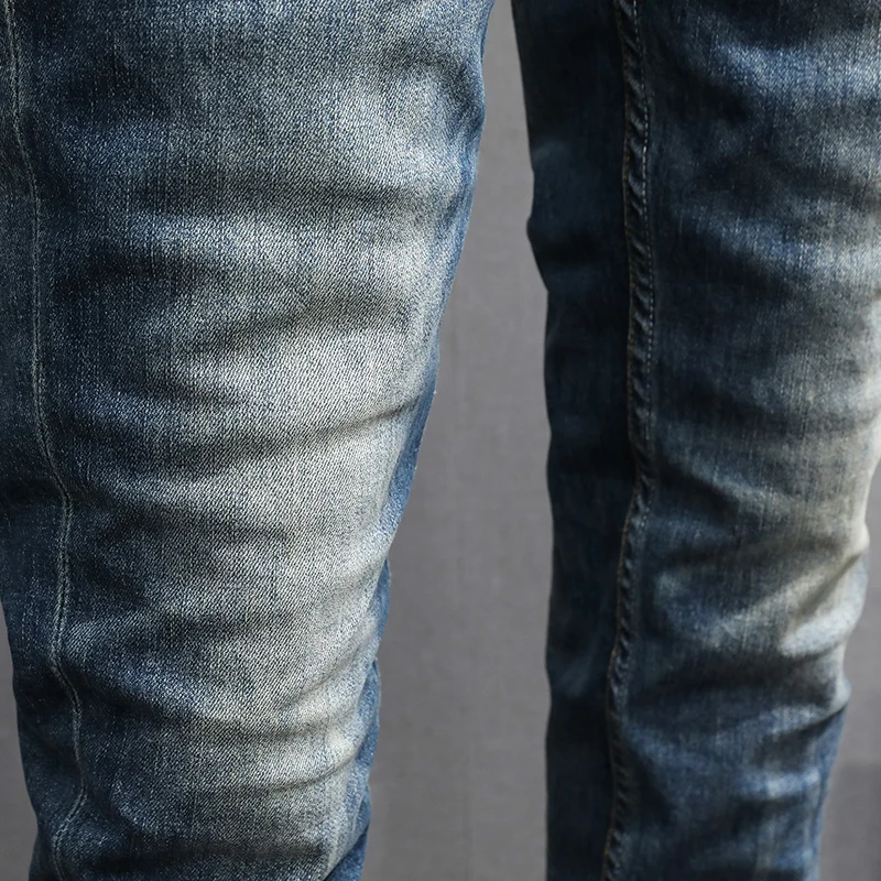 Italian Style Fashion Men Jeans High Quality Retro Blue Stretch Slim Fit Ripped Jeans Men Vintage Designer Denim Pants Hombre
