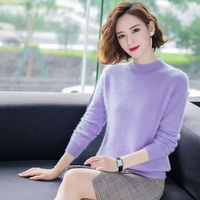 Autumn And Winter Half-High-Necked Female Mink Wool Pullover Long-Sleeved Knitted Padded Warm Bottoming Shirt