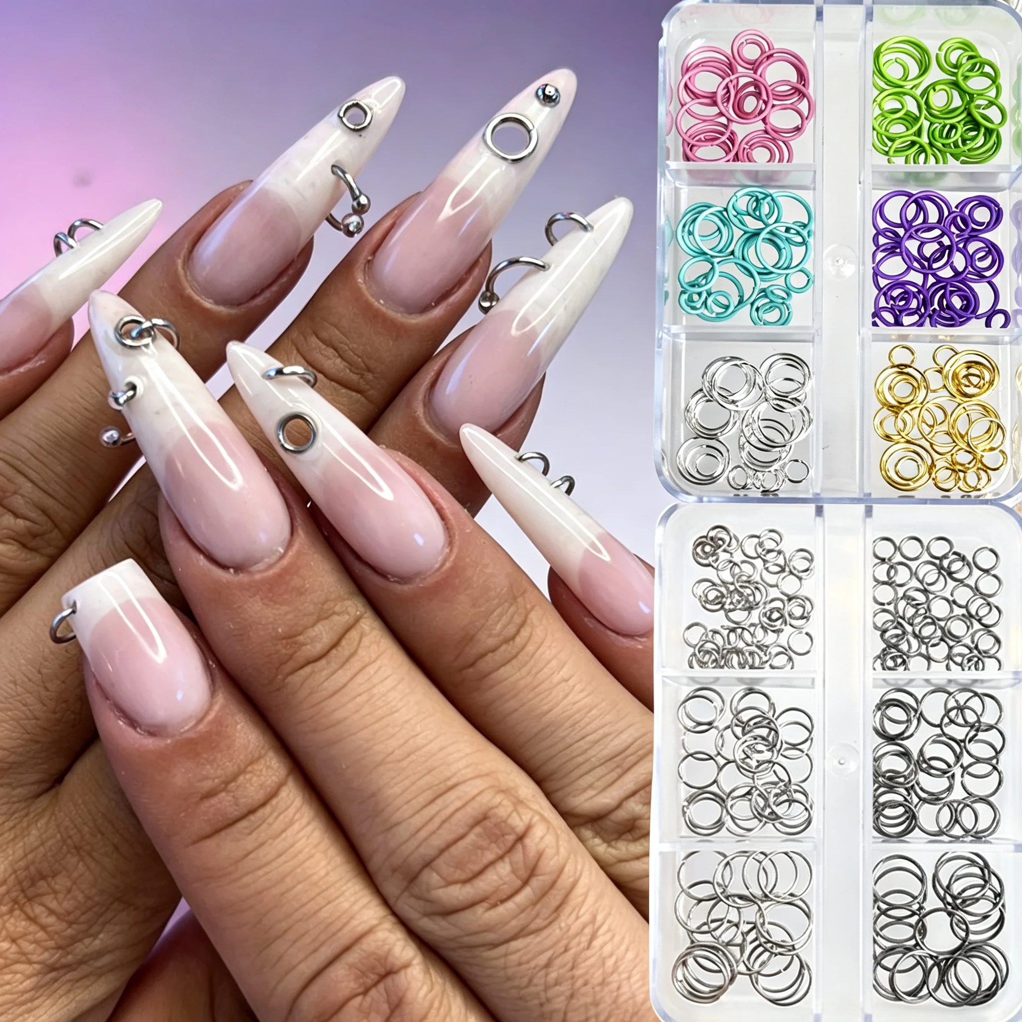 6 Grids Nail Piercing Jump Rings Charms, Multicolor Metal Open Split Rings Charms, Punk Acrylic Nails DIY Manicure Accessories