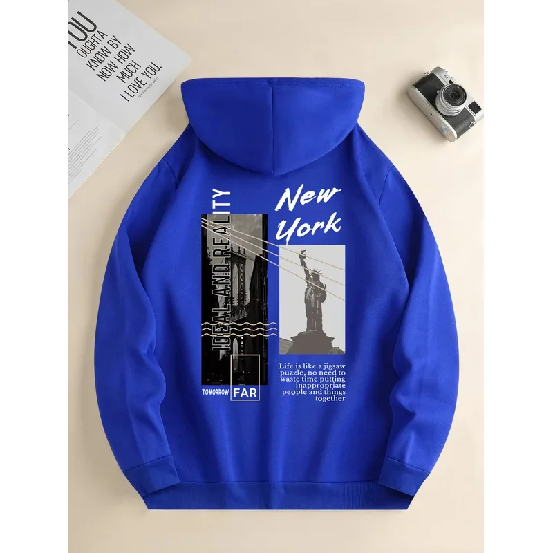 Men's new fashion hoodie, Casual Daily Drawstring Hooded Sweatshirt Street View Print, front kangaroo pocket, men's jacket