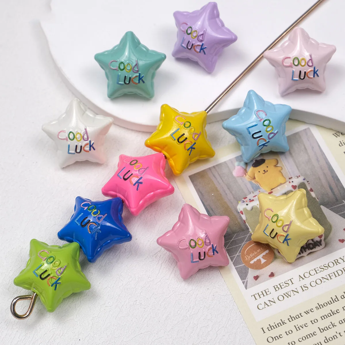 DIY Jewelry Findings Double Solid Colors Good Luck Letters Painting Acrylic Star Beads Fit Bracelet Necklace 23*25*16mm 80pcs