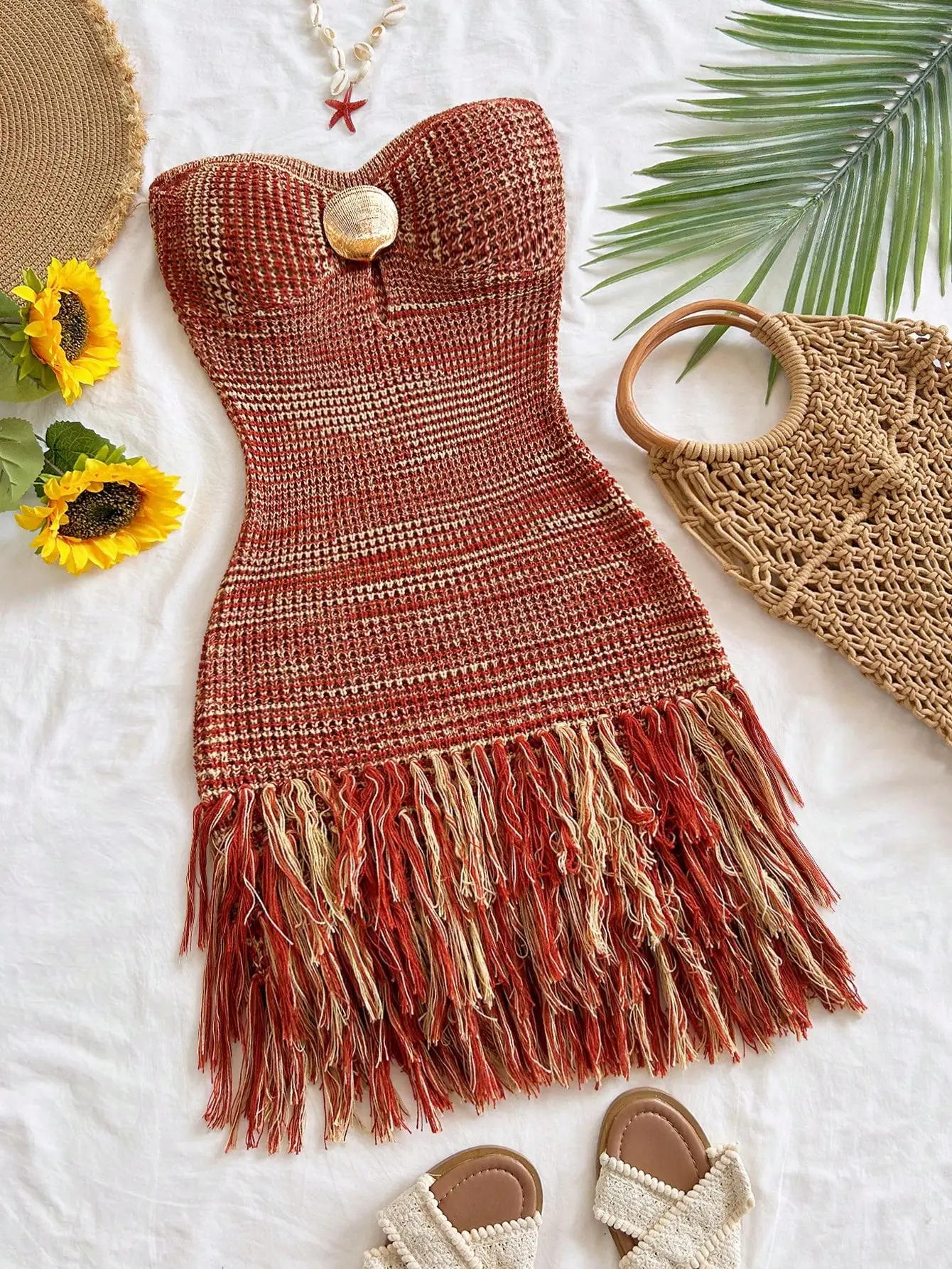 

Women's Knitted Textured Fringe Mini Dress with Shell Button, Boho Beach Summer Outfit