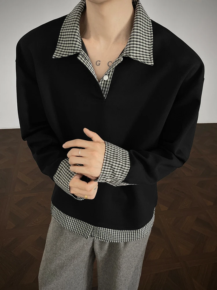 

Cleanfit Plaid Patchwork irt Hoodie Men's Autumn American Heavyweight Long Sve T-irt Loose Fit Polyester Fiber