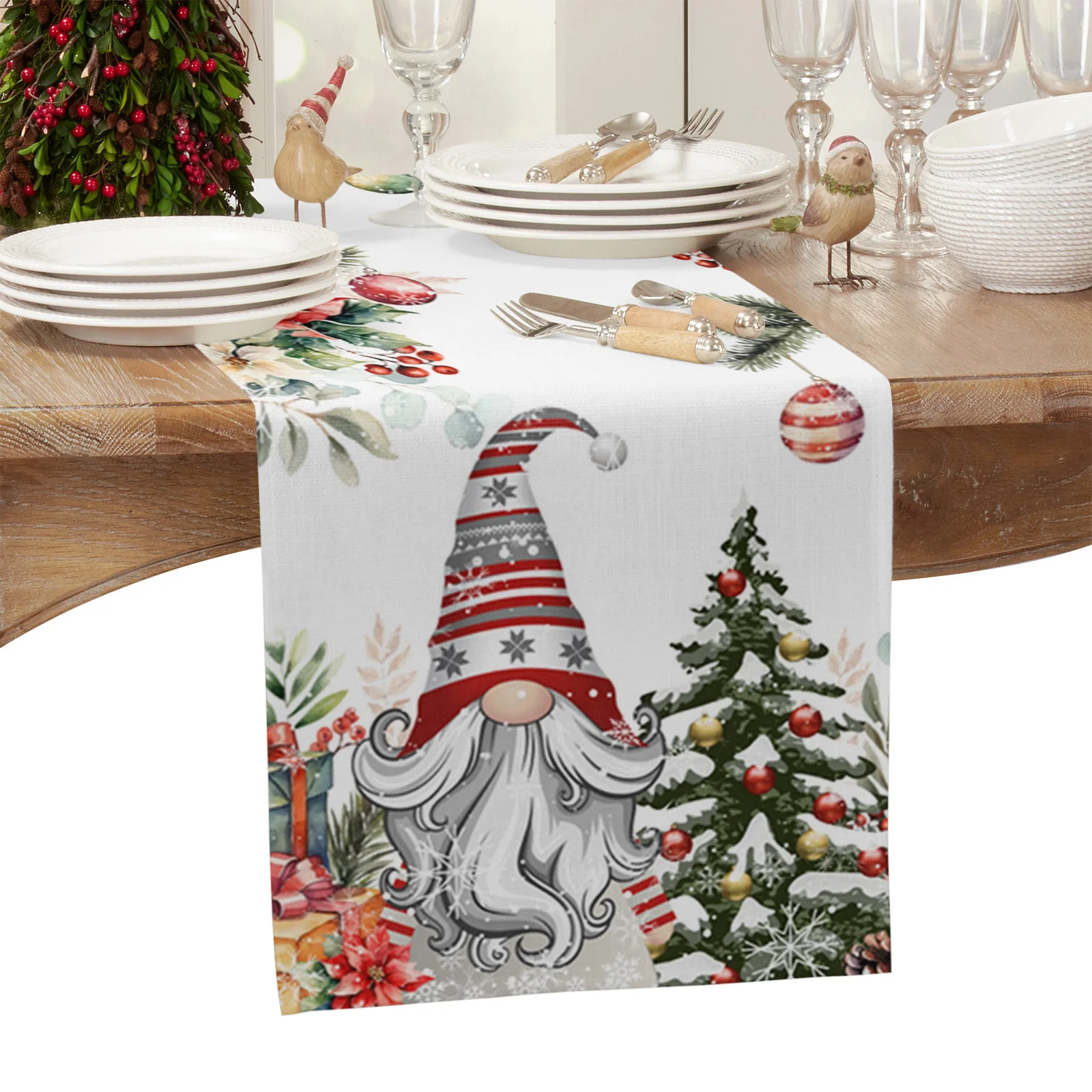 Christmas Gnome Berries Fir Leaves Table Runner Cloth Table Decor 2024 Home Tablecloth Xmas Ornament Navidad Natal New Year Gift