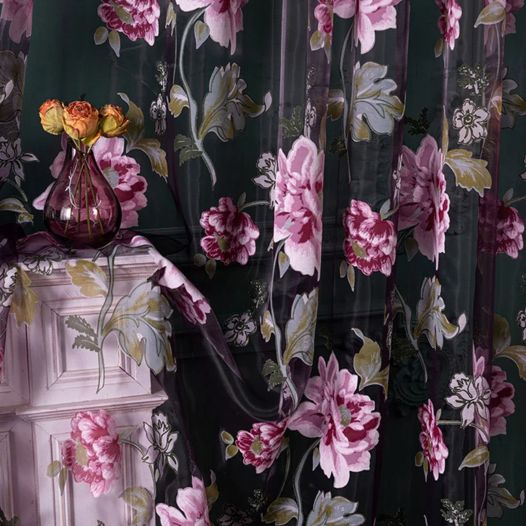 1pc American Floral Sheer Print Curtain, Home Atmosphere Decor, Finished Window Drapery, Cross-Border Printed Sheer Curtain