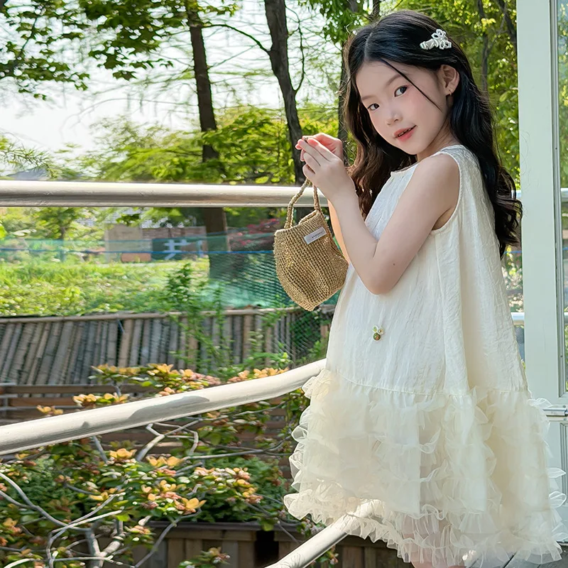 Girls' Summer Cream Cloud Skirt 2026 new solid color Children's Dreamy Atmosphere Sleeveless Cake Mesh Vest Skirt