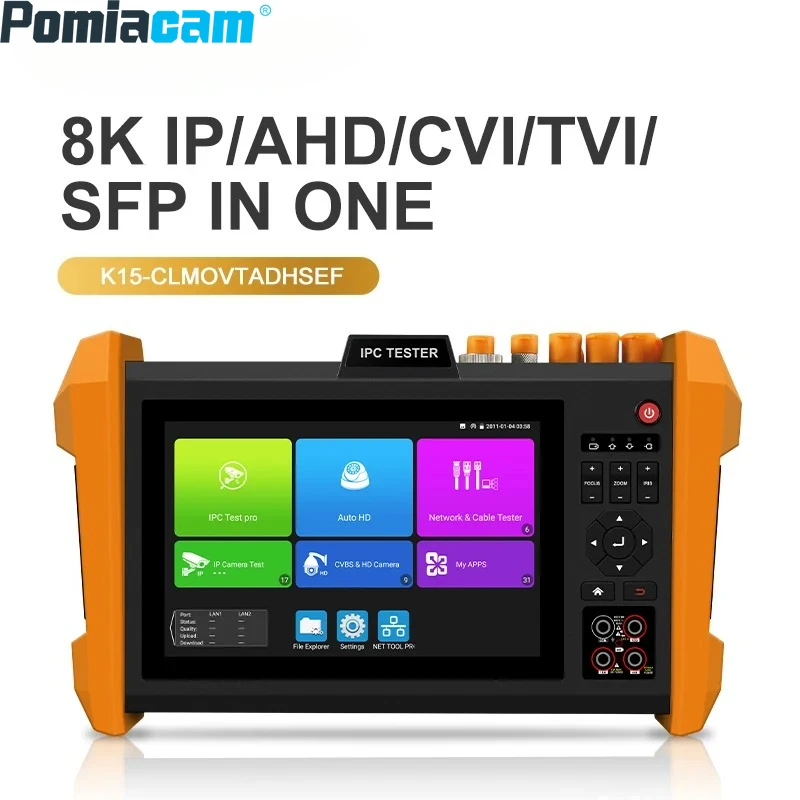 8K H.265 8MP AHD/CVI/TVI/SDI Professional Tester 7'' IPS Screen CCTV Tester SFP Optical Module HDMI/VGA Input 7800mAh Battery
