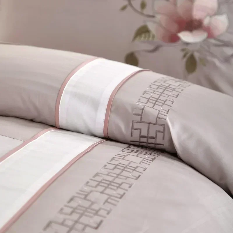 Chinese Style Magnoli Embroidered 4/7pcs Bedding Set 300TC Egyptian Cotton Sheet Pillowcase Duvet Cover Set (Queen King Size)