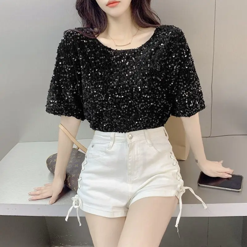 Casual Streetwear Short Sleeve Sexy Crop Tops Elegant Lady T-Shirts O-Neck Blusa Women Fashion Party Glitter Sequin Shirt