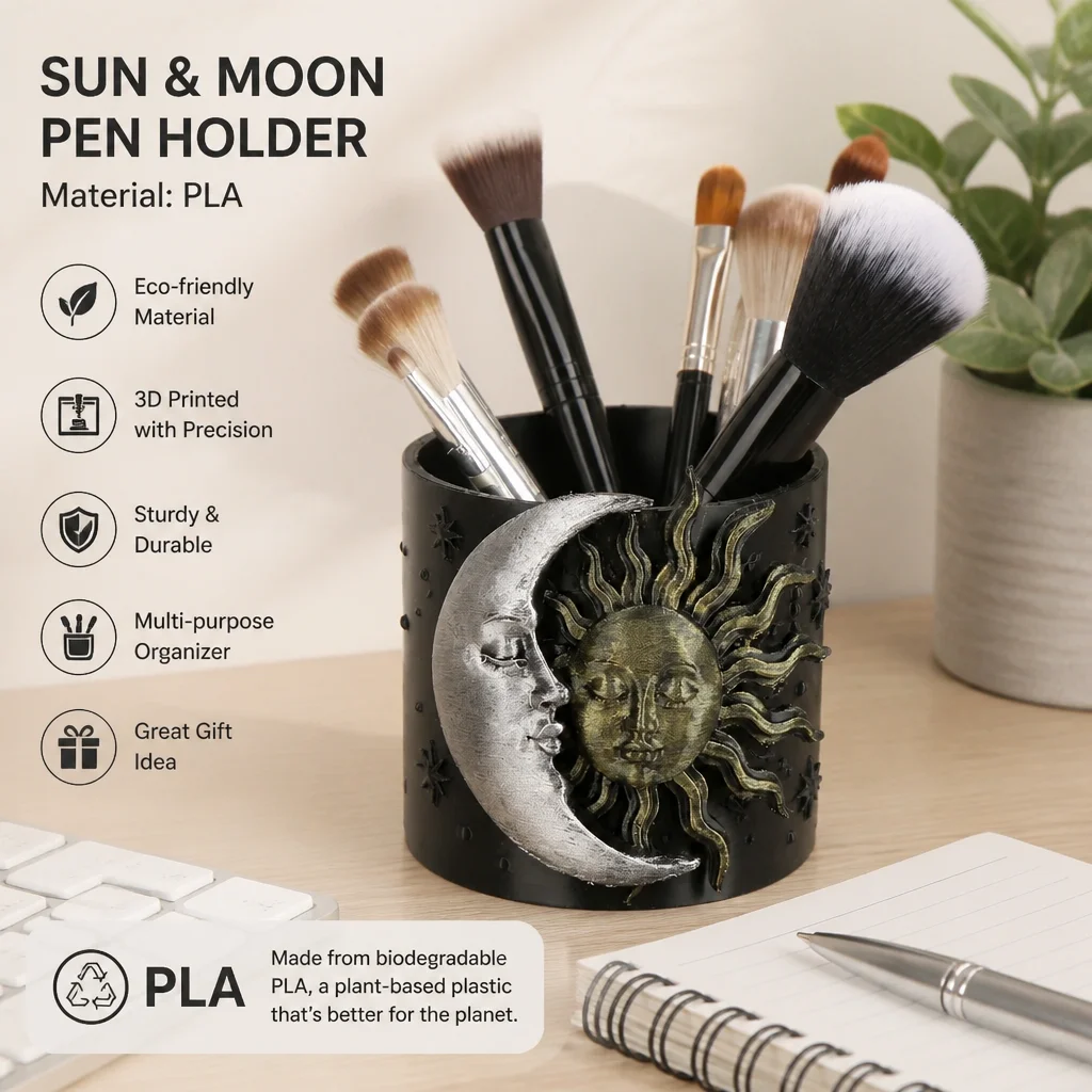 Celestial Sun Moon Pen Holder, Black Plastic Makeup Brush Storage Cup for Office Desk Vanity Witchy Boho Gothic Home Decor