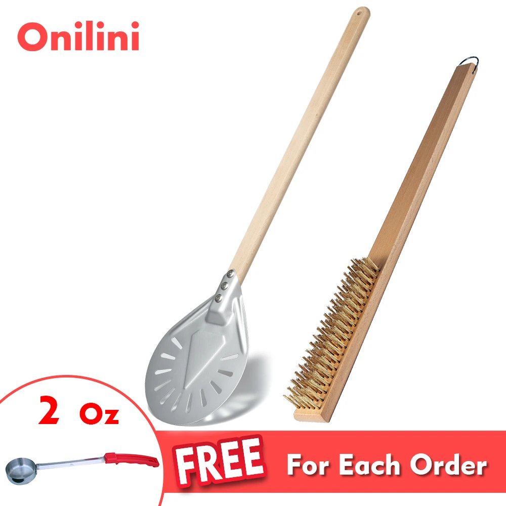 Onilini 7/8/9 inch Pizza Peel Wood Handle and Oven Copper Brush Set Pizza Shovel Oven Cleaning Brush Pizza Accessories