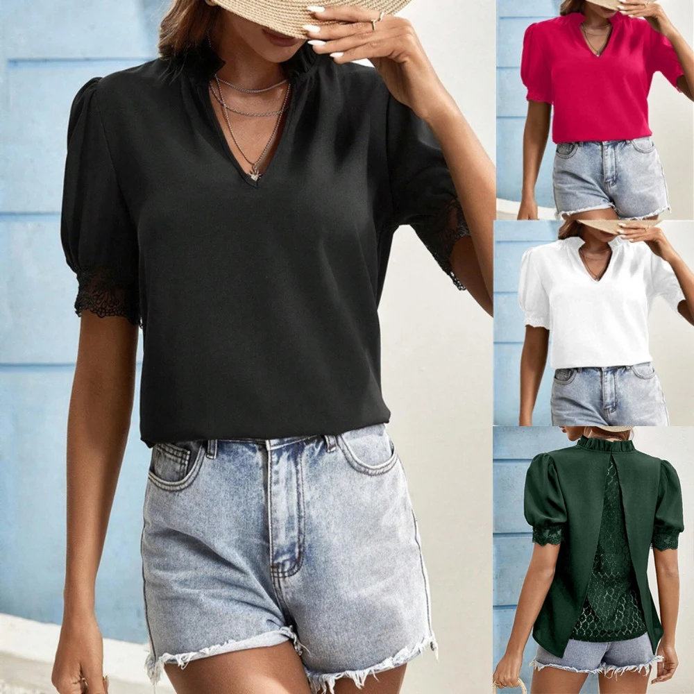 

Women's Summer Versatile V Neck Sleeve Patchwork Lace Top Teacher T Shirt