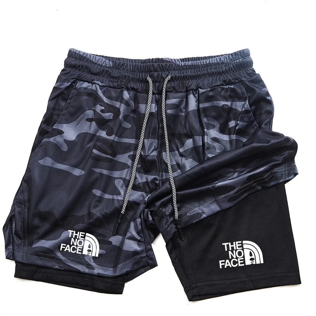 Printed 2-in-1 men's sports shorts with mobile phone pocket, quick drying shorts for summer gym exercise, running shorts