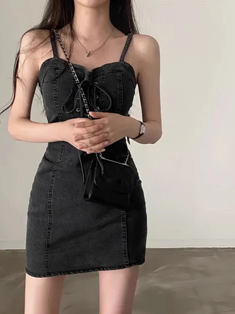 Sexy Black Vestidos De Mujer Summer Dress Y2k Vintage Lace Up Suspender Denim Dresses for Women 2024 Robe Femme Korean Mini