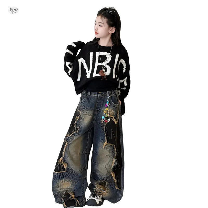 

Girls' Suit Spring 2026 New Kusa Letter Sweater Jeans Two-piece Set Medium and Older Children's Spring Clothing Fashionable