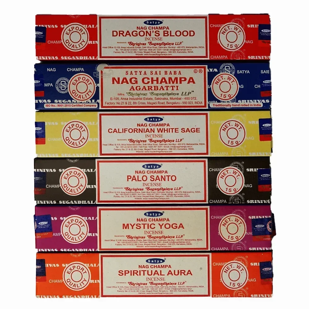

Индийская коллекция благовоний Nag Champa, палочки ручной работы Satya с шестью ароматами, освежающие лекарственные ароматы для дома и медитации