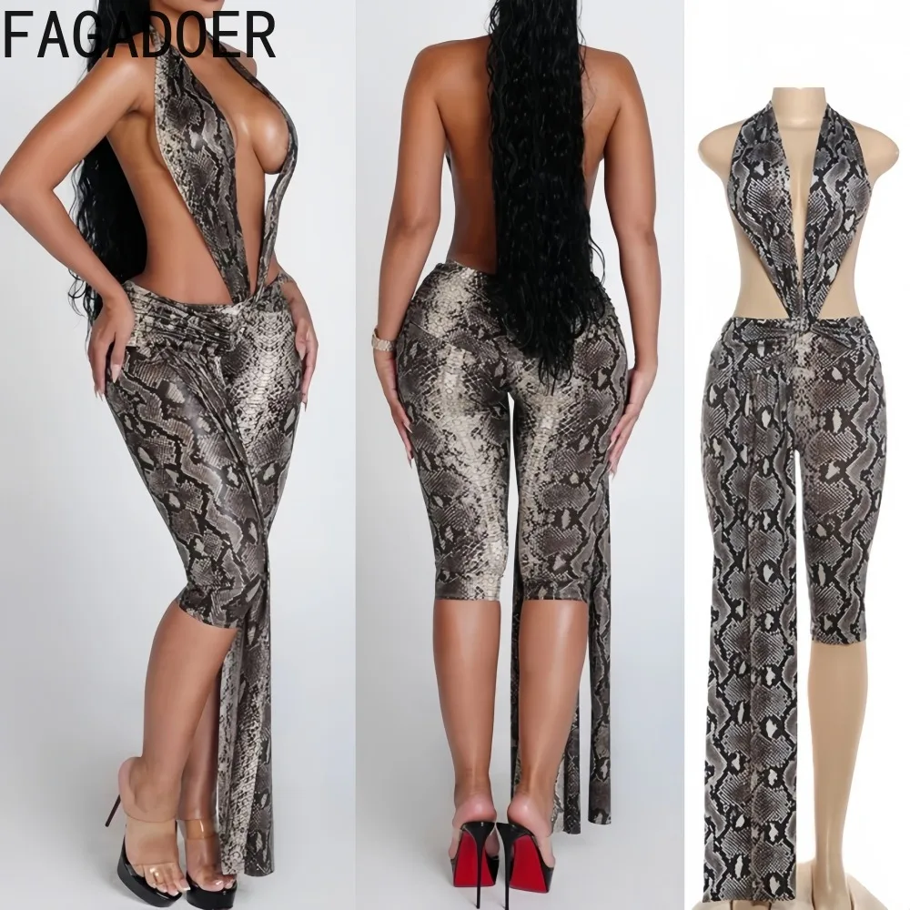 

FAGADOER Sexy Leopard Print Patchwork Bodycon Jumpsuits Woman Halter Deep V-neck Backless Rompers Female Clubwear Overalls New