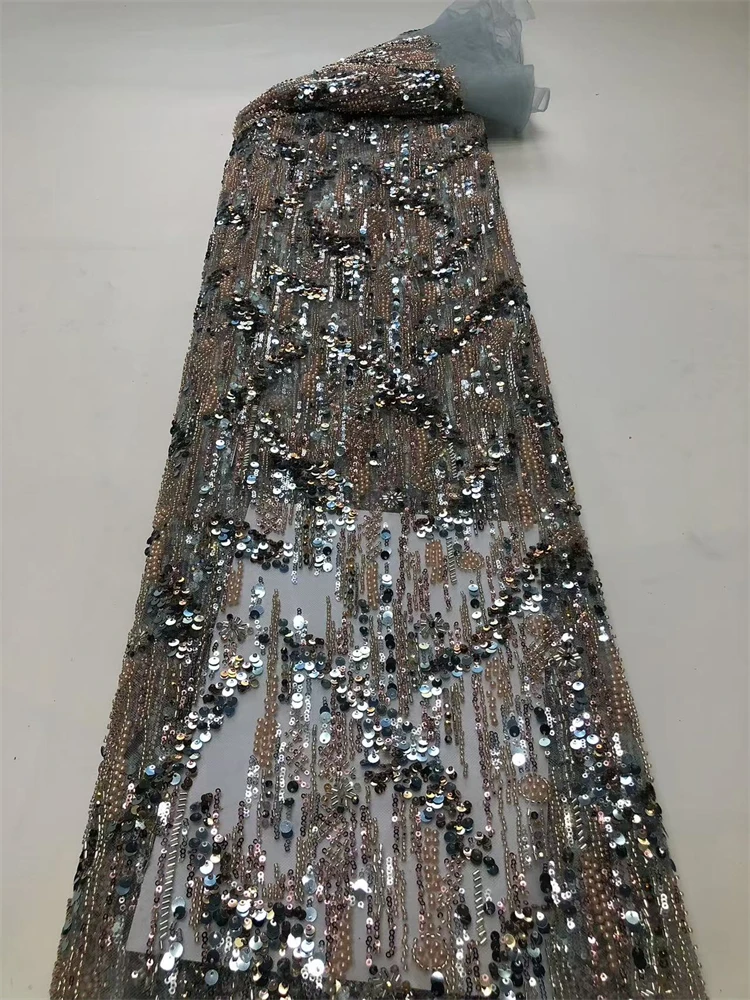 ドレス縫製用のハイエンドのヘビービーズ生地、最新のアフリカの高級品、フレンチスパンコール、新郎刺繍、5ヤード、2025