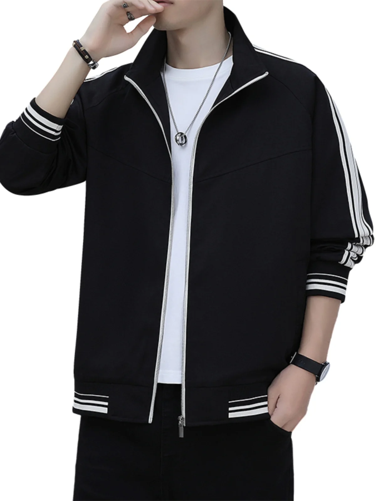 

Men's Autumn Winter Stand Collar Jaet Thin Workwear No Hat Spring Casual Coat outside Wear Striped irt Coat Youth Faion