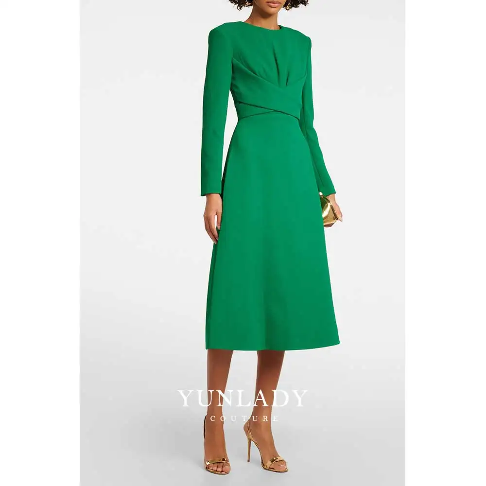 

YUNLAN Green Round Neck Long Sleeve Mother of the Bride Evening Dress 2024 Saudi Arabia Ladies Wedding Guest Formal Midi Dress