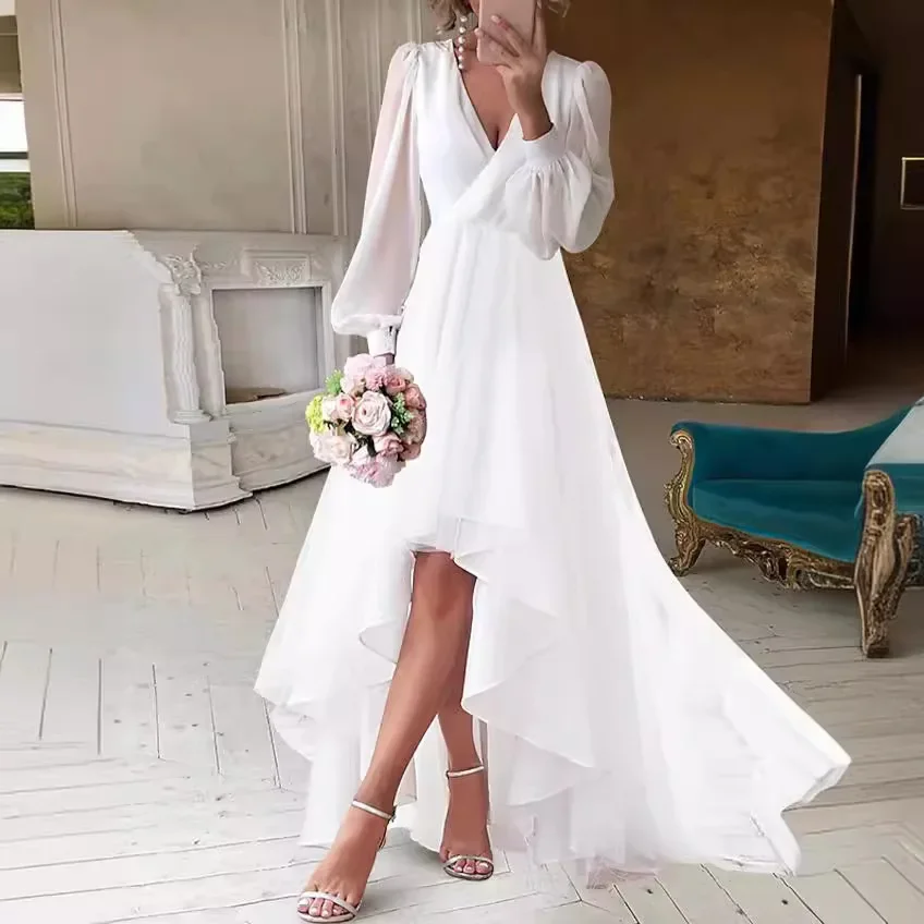 Damen-Chiffon-Kleid, Ballonärmel, Silhouette, hoher, niedriger Saum, V-Ausschnitt, elegantes weißes Mesh, schmale Passform, Hochzeit, Party, Urlaub, Strand
