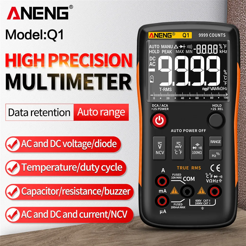 Testeur multimètre intelligent ANENG Q1, affichage numérique, haute précision, professionnel, True RMS, 9999 points, outils d'électricien à plage automatique