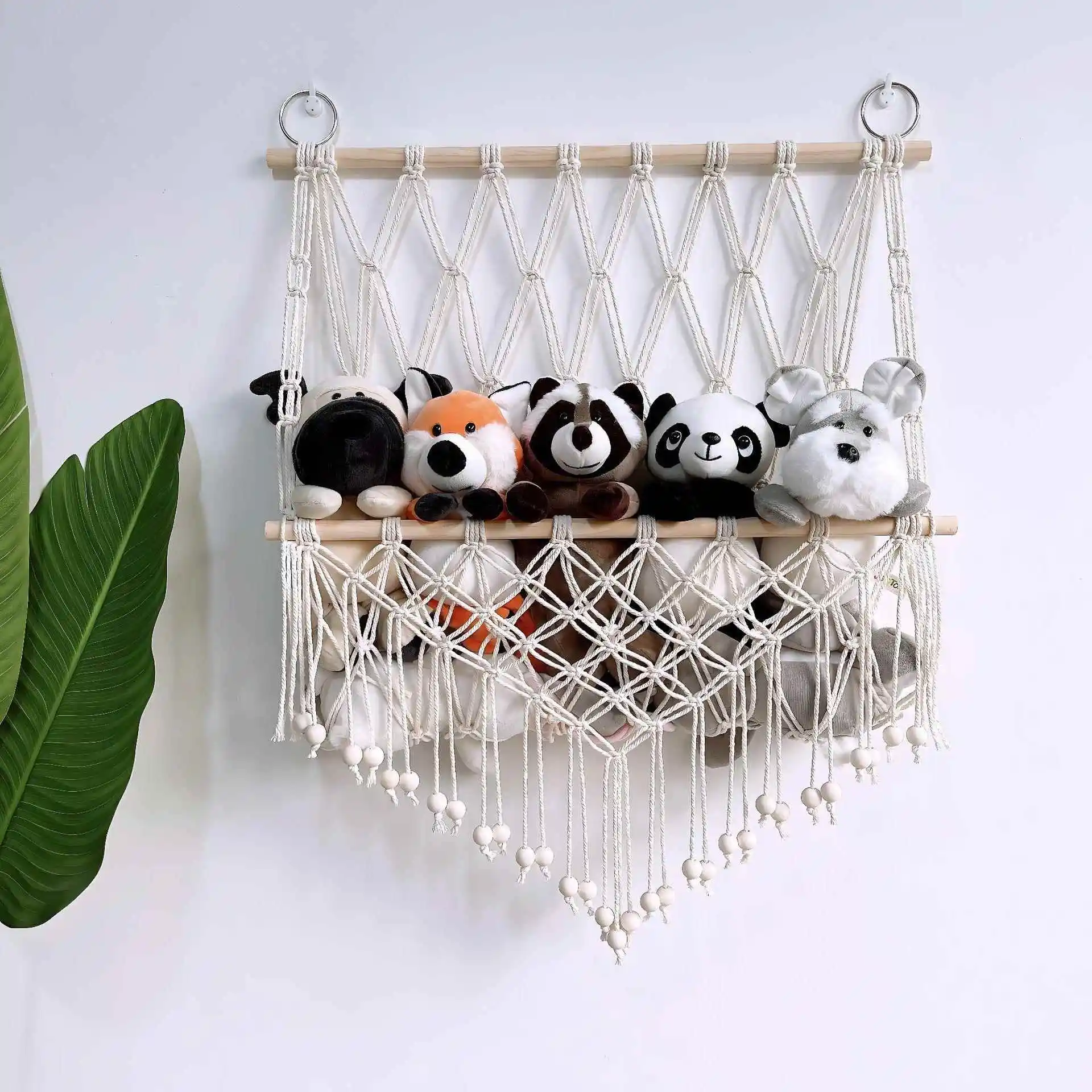 

Children's Room Plu Toy Storage Net ket Wall Decor Hanging Bed Net Bag European Sle Home Decor Cotton Rope Wooden Bead