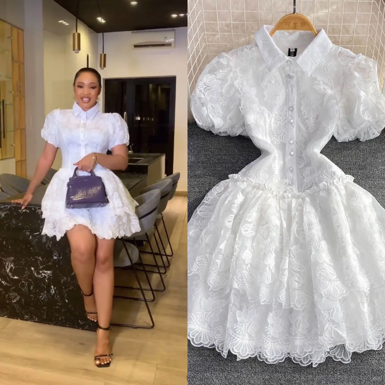 Summer Retro White Lace Dress Elegant Lapel Single-Breasted Embroidered A- Line Tiered Dress Vestidos