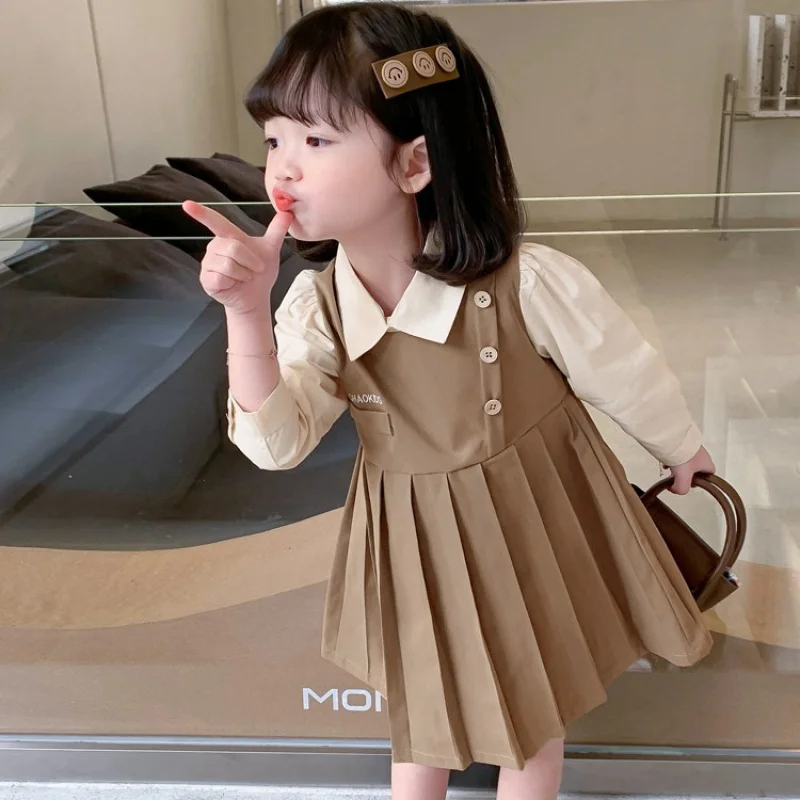 Girls Dress Autumn New2024Korean Preppy Style Fake Two-Piece Long Sleeve Lapel Suit Skirt