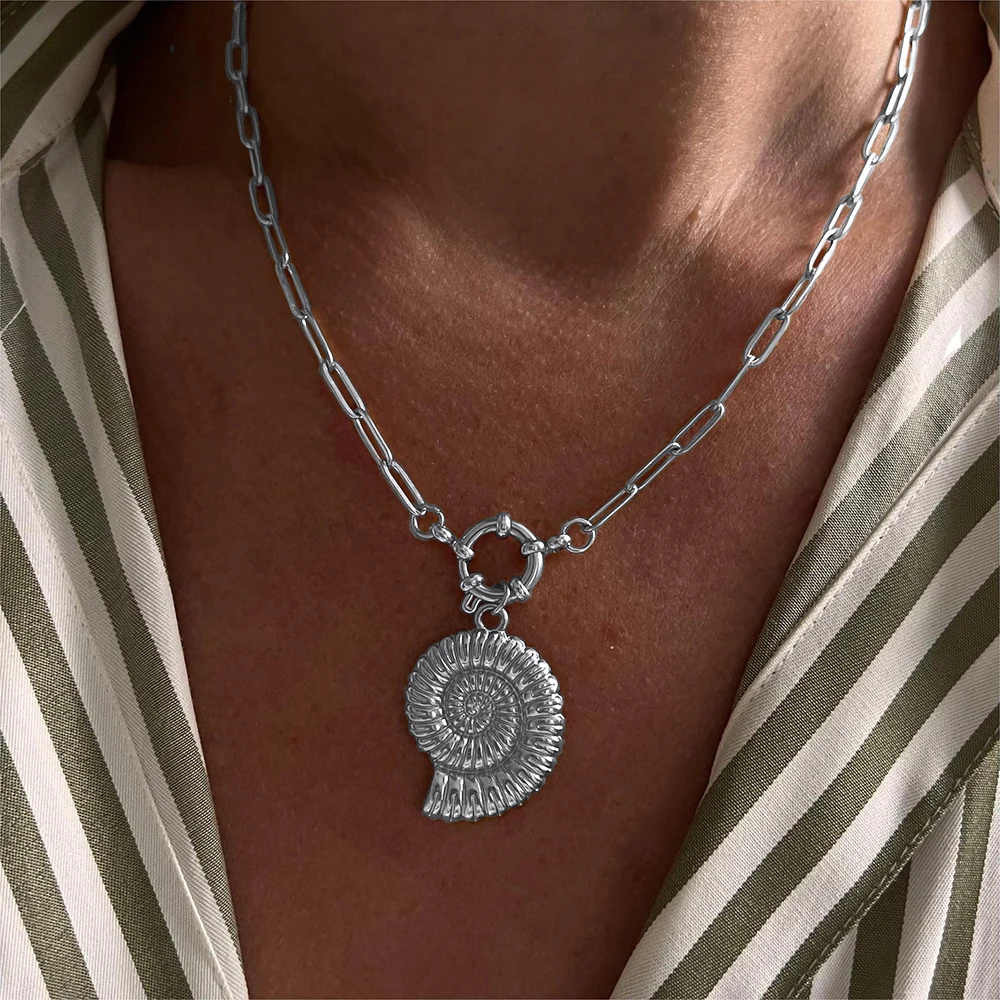 여성용 용수철 버클 체인 목걸이, 실버 오션 시리즈 펜던트, 쉘 소라 바다 별 펜던트, 스테인레스 스틸, 여성용 쥬얼리