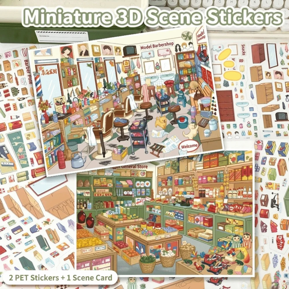 

3D Barber Shop Sticker PET Barber Shop Miniature Landscapes Stickers Collection Waterproof Removable DIY Cabin Scene Sticker