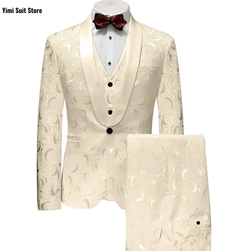 

New Cream White Jacquard Men's Suit 3 Pieces Slim Fit Satin Shawl Lapel Single Breasted Wedding Groom Evening Party Prom Tuxedo
