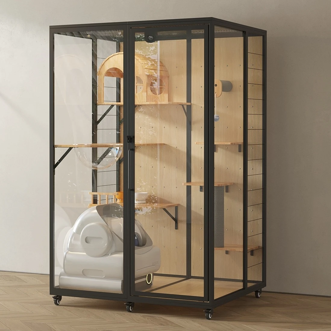 Swan cat cage cat villa panoramic glass solid wood DIY nest pet  house panoramic glass cat cage