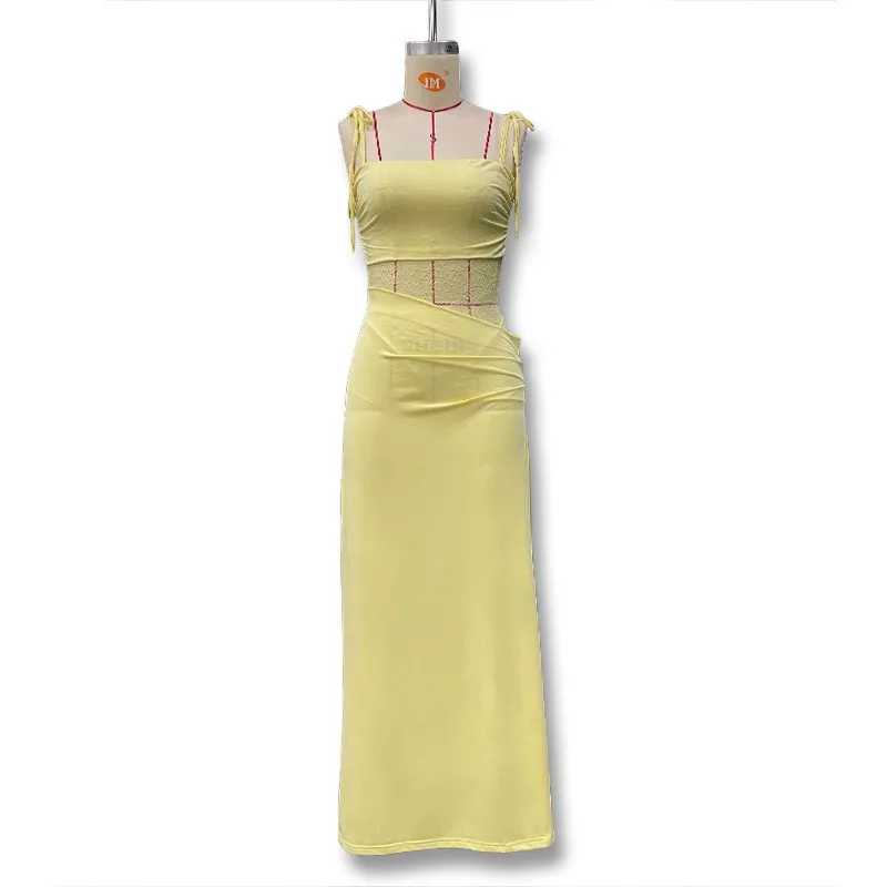 Abito sexy Vestido Abiti 2025 Donna con cinturino per spaghetti Vedere attraverso patchwork di pizzo Slim tinta unita Sling senza maniche Hot Bodycon